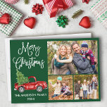 Cartes Pour Fêtes Annuelles Calligraphie Noël Camion rouge 3 photo vert<br><div class="desc">Joyeux Noël 3 Photo Carte postale - Aquarelle Vintage Camion rouge avec arbre de Noël - arrière - plan vert de la forêt</div>