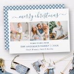 Cartes Pour Fêtes Annuelles Calligraphie Noël Dusty Blue En vichy 3 Photo<br><div class="desc">Calligraphie moderne tendance Script 3 Photo Famille Photo Collage Joyeux Noël Card - Dusty bleu et blanc En vichy Plaid</div>