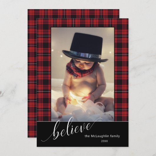 Cartes Pour Fêtes Annuelles Calligraphie Script Croire Noël Tartan Photo (Devant / Derrière)