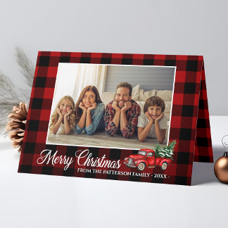 Cartes Pour Fêtes Annuelles Calligraphie Script Photo Buffalo Plaid Camion Rou