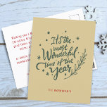 Cartes Pour Fêtes Annuelles Calligraphie Temps le plus merveilleux Noël<br><div class="desc">"C'est le moment le plus merveilleux de l'année" Cette typographie de style à la main sur carte postale jaune or sont à la fois modernes et rustiques. Envoyez vos souhaits de vacances spéciales avec cette carte postale de Noël personnalisée.</div>