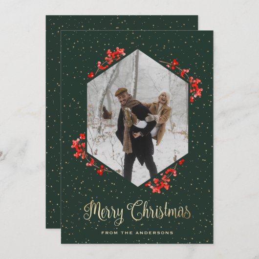 Cartes Pour Fêtes Annuelles Calligraphie verte Baies rouges Neige Photo Noël (Devant / Derrière)