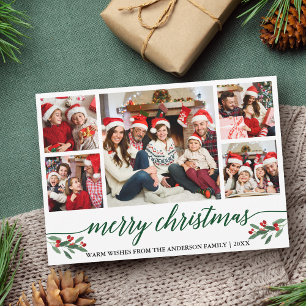 Cartes Pour Fêtes Annuelles Calligraphie verte moderne 5 Photo Famille Noël