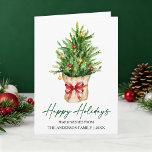 Cartes Pour Fêtes Annuelles Calligraphy Ink Watercolor Pine Tree Red Bow Fold<br><div class="desc">Modern Elegant Calligraphy Ink Script Happy Holidays Folded Card includes a Watercolor Pine Tree in a paper bag with a Red Ribbon Bow,  Gold and Red Christmas Ornaments.</div>