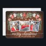 Cartes Pour Fêtes Annuelles Calligraphy Wood  3 Photo Watercolor Winter Floral<br><div class="desc">Modern Elegant Calligraphy Script,  Watercolor Winter Floral,  String Lights Couple 3 Photo Merry Christmas Card includes watercolor red poinsettias,  white roses,  holly berries,  pine cones and botanical greenery foliage. Rustic Country Wood.</div>