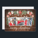 Cartes Pour Fêtes Annuelles Calligraphy Wood  3 Photo Watercolor Winter Floral<br><div class="desc">Modern Elegant Calligraphy Script,  Watercolor Winter Floral,  String Lights Couple 3 Photo Merry Christmas Card includes watercolor red poinsettias,  white roses,  holly berries,  pine cones and botanical greenery foliage. Rustic Country Wood.</div>
