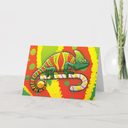 Cartes Pour Fêtes Annuelles Caméléon de Noël marchant sur un sucre de canne (Devant)