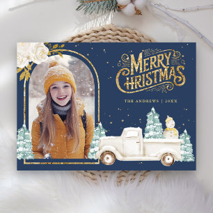 Cartes Pour Fêtes Annuelles Camion blanc Snowman Gold Photo de Noël Marine ble