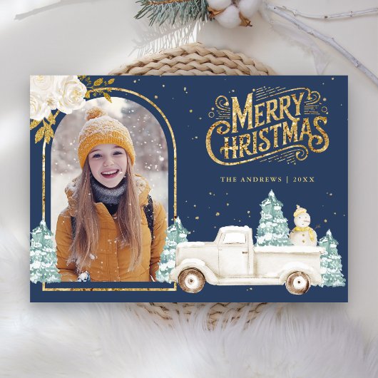 Cartes Pour Fêtes Annuelles Camion blanc Snowman Gold Photo de Noël Marine ble