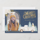 Cartes Pour Fêtes Annuelles Camion blanc Snowman Gold Photo de Noël Marine ble (Devant)