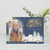 Cartes Pour Fêtes Annuelles Camion blanc Snowman Gold Photo de Noël Marine ble (Debout devant)