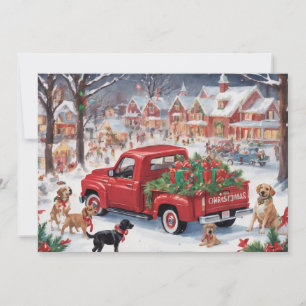 Cartes Pour Fêtes Annuelles Camion de Noël rouge en village avec chiots
