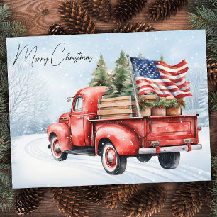 Cartes Pour Fêtes Annuelles Camion de Noël Rouge Vintage Drapeau USA Patriotiq