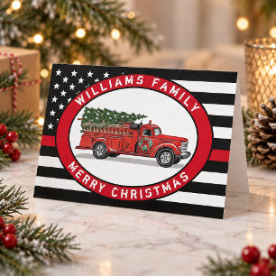 Cartes Pour Fêtes Annuelles Camion de pompiers vintage Joyeux Noël Ligne Rouge