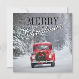 Cartes Pour Fêtes Annuelles Camion de ramassage rouge conduisant dans la neige