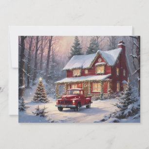 Cartes Pour Fêtes Annuelles Camion rouge au cottage de vacances – Joyeux Noël