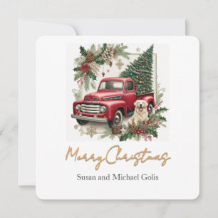 Cartes Pour Fêtes Annuelles Camion rouge de Noël avec font doré verdure 