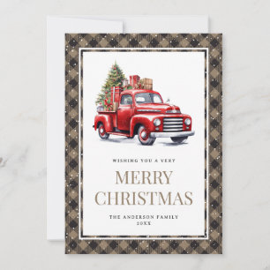 Cartes Pour Fêtes Annuelles Camion rouge Khaki Buffalo Plaid Aquarelle Noël