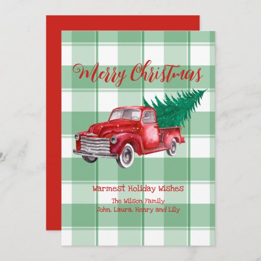 Cartes Pour Fêtes Annuelles Camion Rouge Sapin de Noël Joyeux Noël Gingham Ver (Devant / Derrière)