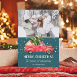 Cartes Pour Fêtes Annuelles Camion rouge vintage arbre de Noël photo turquoise<br><div class="desc">Joyeux Noël! Vintage rétro camionnette rouge aquarelle illustration et arbre de Noël vert avec neige blanche sur vert turquoise foncé,  ajouter 1 photo. Carte d'hiver et de vacances parfaite.</div>
