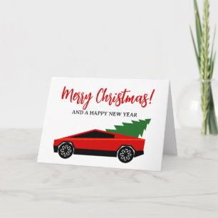 Cartes Pour Fêtes Annuelles Camion Tesla rouge avec sapin de Noël à l'arrière