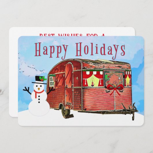 Cartes Pour Fêtes Annuelles Camionnette de voyage rustique rétro avec bonhomme (Devant / Derrière)