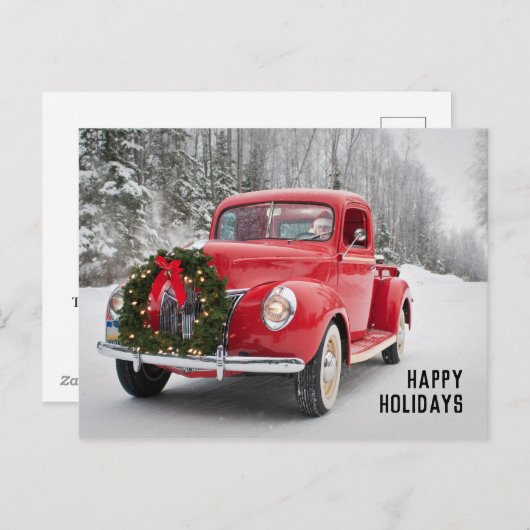 Cartes Pour Fêtes Annuelles Camionnette rouge avec couronne de Noël (Devant / Derrière)