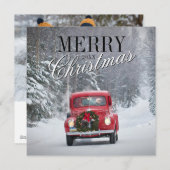 Cartes Pour Fêtes Annuelles Camionnette rouge conduisant dans la neige (Devant / Derrière)