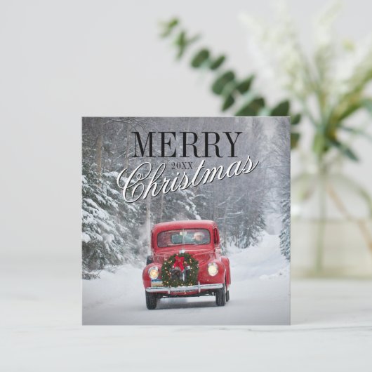 Cartes Pour Fêtes Annuelles Camionnette rouge conduisant dans la neige (Debout devant)