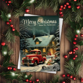 Cartes Pour Fêtes Annuelles Camionnette Rouge de Noël Rustique et Maison Perso