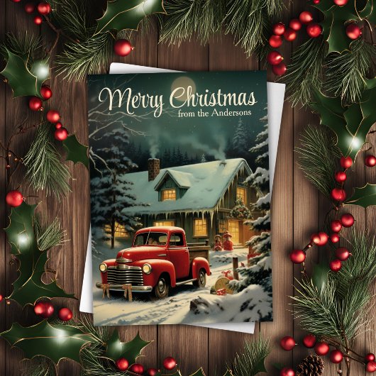 Cartes Pour Fêtes Annuelles Camionnette Rouge de Noël Rustique et Maison Perso