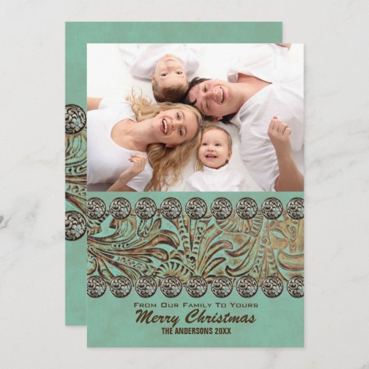Cartes Pour Fêtes Annuelles Campagne en cuir turquoise Noël occidental (Devant / Derrière)