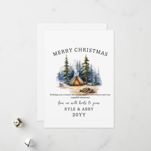 Cartes Pour Fêtes Annuelles Camping d'hiver Bonfire Moonlight Christmas Forest (Devant/Arrière en situation)