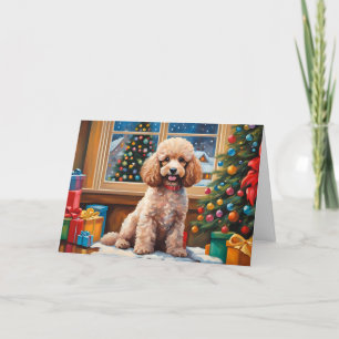 Cartes Pour Fêtes Annuelles Caniche de Noël avec des présents et arbre de Noël