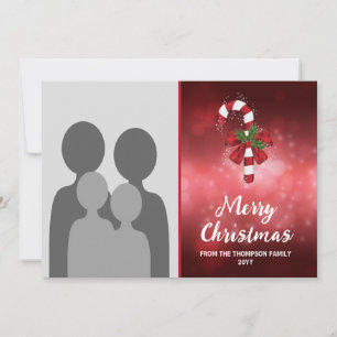 Cartes Pour Fêtes Annuelles Canne en bonbon rouge sur un fond bokeh rouge