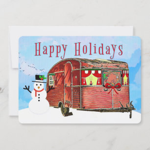 Cartes Pour Fêtes Annuelles Caravane rétro rustique avec bonhomme de neige