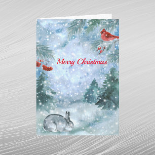 Cartes Pour Fêtes Annuelles Cardinal rouge de Noël Lapin Paysage Aquarelle