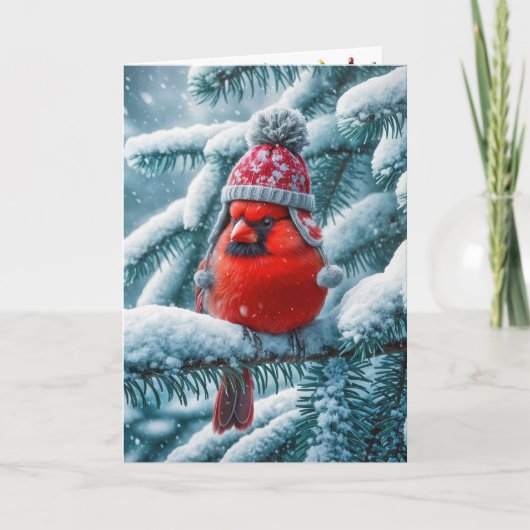 Cartes Pour Fêtes Annuelles Cardinal rouge de Noël portant un chapeau d'hiver (Devant)