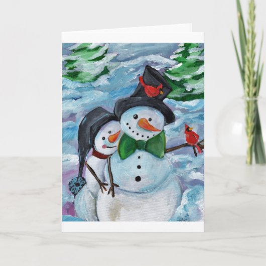 Cartes Pour Fêtes Annuelles Cardinal visitant Snowmen (Devant)