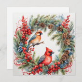 Cartes Pour Fêtes Annuelles Cardinaux de Noël, Berries, Pinecones Wreath (Devant / Derrière)