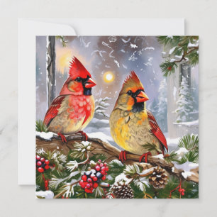 Cartes Pour Fêtes Annuelles Cardinaux rouges avec baies, cônes de pin Hiver