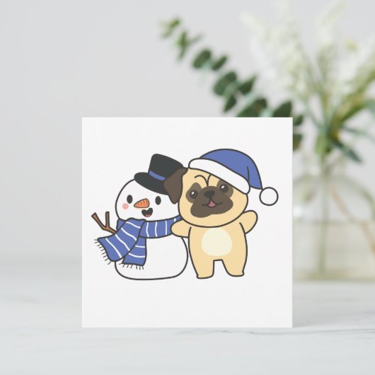 Cartes Pour Fêtes Annuelles Carlin Avec Snowman En Hiver Pour Noël (Debout devant)