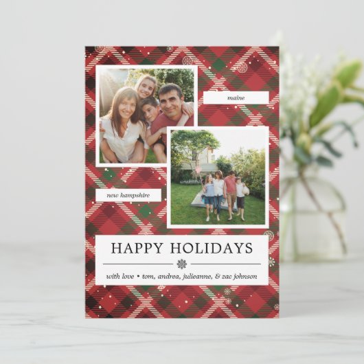 Cartes Pour Fêtes Annuelles Carreaux Verts Rouges 2 Photos (Debout devant)
