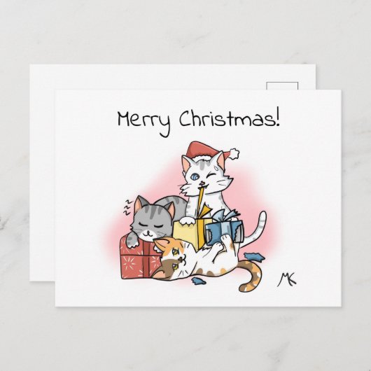 Cartes Pour Fêtes Annuelles Cartoon Kittens déballage Noël présents (Devant / Derrière)