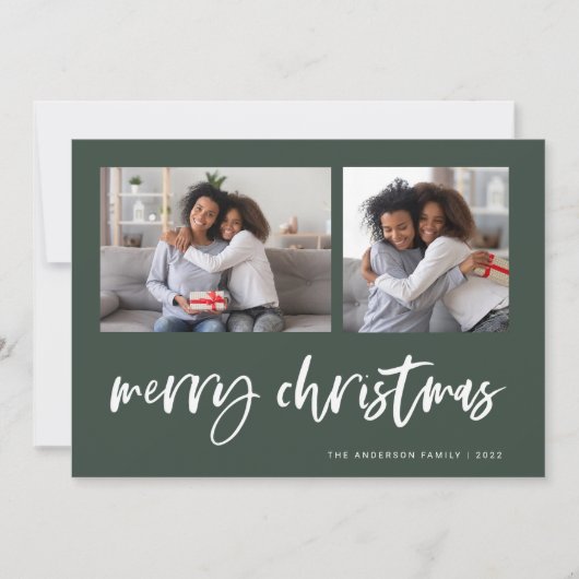 Cartes Pour Fêtes Annuelles Casual Script Two Photo Grid | Joyeux Noël (Devant)