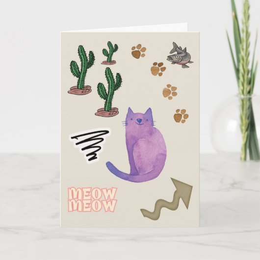 Cartes Pour Fêtes Annuelles Cat Fish Cactus Paws Meow Grey Card (Devant)