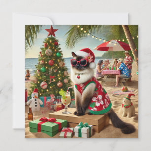 Cartes Pour Fêtes Annuelles Cat Père Noël Robe de Noël en juillet sur la plage