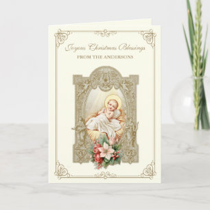 Cartes Pour Fêtes Annuelles Catholique bébé de Noël Jésus Poinsettia Floral