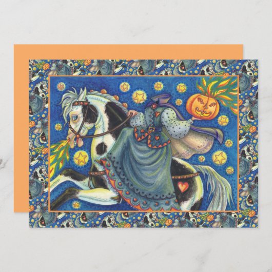 CARTES POUR FÊTES ANNUELLES CAVALIÈRE SANS TÊTE, EN AMAZONE SUR PINTO D'HALLOW (Devant / Derrière)