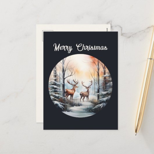 Cartes Pour Fêtes Annuelles Cerf aquarelle de Noël (Devant/Arrière en situation)